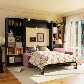 Queen Size Murphy Bed with Large Sofa, Storage Shelves & Cabinets