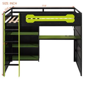Full Size Wooden Gaming Loft Bed with Storage Shelves, Desk, USB & Power Outlet, and LED Light