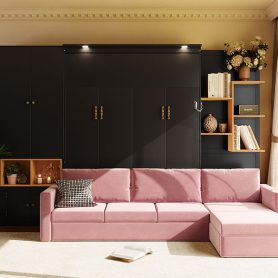 Queen Size Murphy Bed with Large Sofa, Storage Shelves & Cabinets