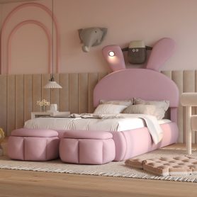 Home 31 Twin Size Upholstered Platform Bed With Cartoon Ears Shaped Headboard And Light