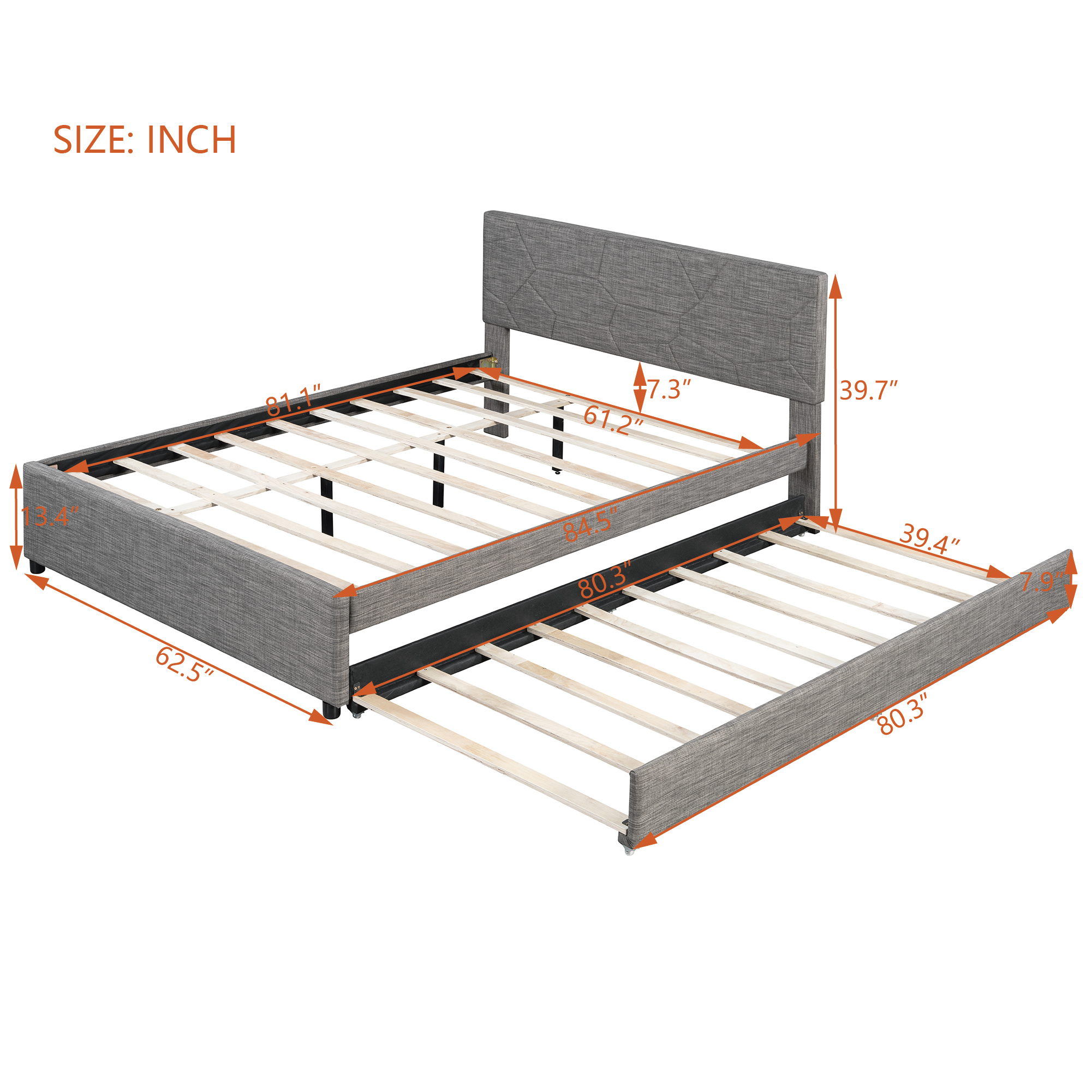 Queen Size Upholstered Platform Bed with Brick Pattern Headboard and Twin XL Size Trundle 23 Queen Size Upholstered Platform Bed with Brick Pattern Headboard and Twin XL Size Trundle
