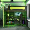 Full Size Wooden Gaming Loft Bed with Storage Shelves, Desk, USB & Power Outlet, and LED Light