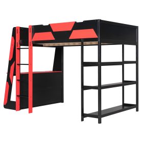 Full Size Gaming Loft Bed with Desk, Shelves & LED Lights