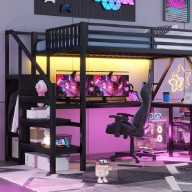 Metal Full Loft Bed With Wardrobe, LED Light, L Shaped Desk And USB