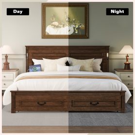 King Size Bed with Tall-Panel Headboard & Footboard, 2 Storage Drawers, Built-in LED Lights, USB Charging Station