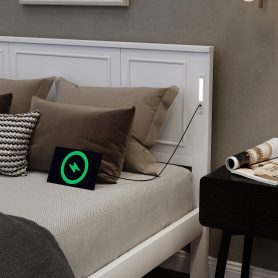 Queen Size Bed with Tall-Panel Headboard & Footboard, Built-in LED Lights, USB Charging Station