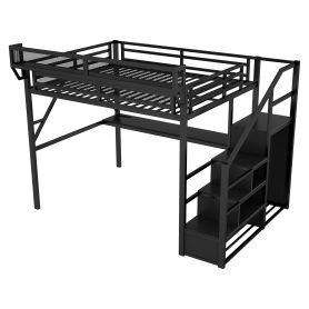 Metal Full Size Loft Bed With Desk, Charging Station, Stairs And Light