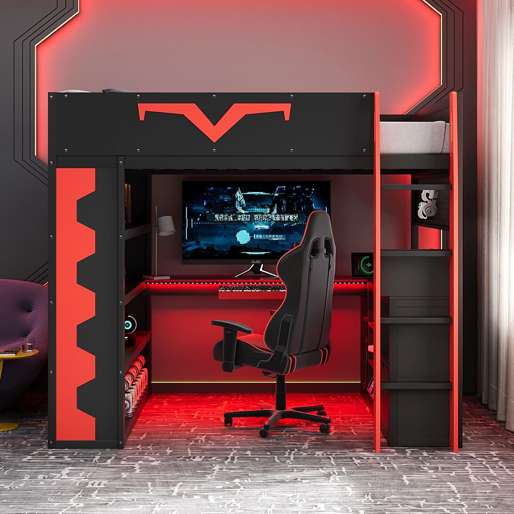 Full Size Gaming Loft Bed with Integrated Desk & RGB LED Lights, Pro ...