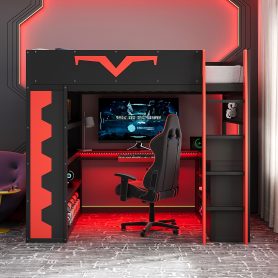 Full Size Gaming Loft Bed with Integrated Desk & RGB LED Lights, Pro-Gamer Bed with Power Outlet, Large Bookshelf, Pegboard, Keyboard Tray & Storage Drawer