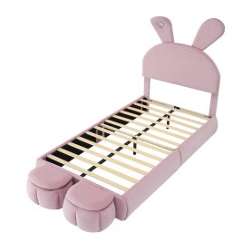 Twin Size Upholstered Platform Bed With Cartoon Ears Shaped Headboard And Light