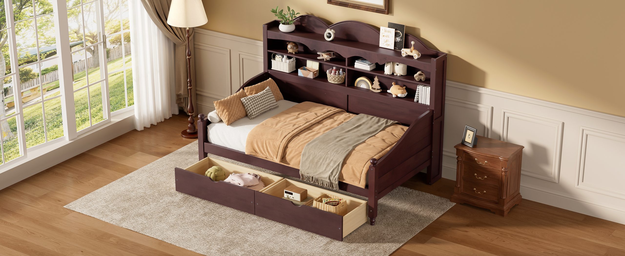 Wooden Twin Daybed With Storage Drawers and Storage Headboard Shelving 18 Wooden Twin Daybed With Storage Drawers and Storage Headboard Shelving