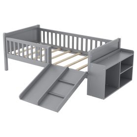Twin Size Low Loft Bed with Slide, Movable Bookshelf Storage, Guardrails 29 Twin Size Low Loft Bed with Slide, Movable Bookshelf Storage, Guardrails