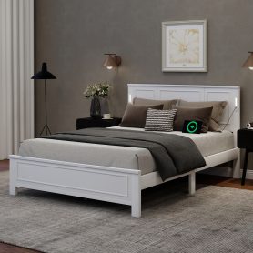 Queen Size Bed with Tall-Panel Headboard & Footboard, Built-in LED Lights, USB Charging Station