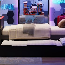 Twin Size Wood Daybed with Twin Size Trundle, Desk, LED light and USB