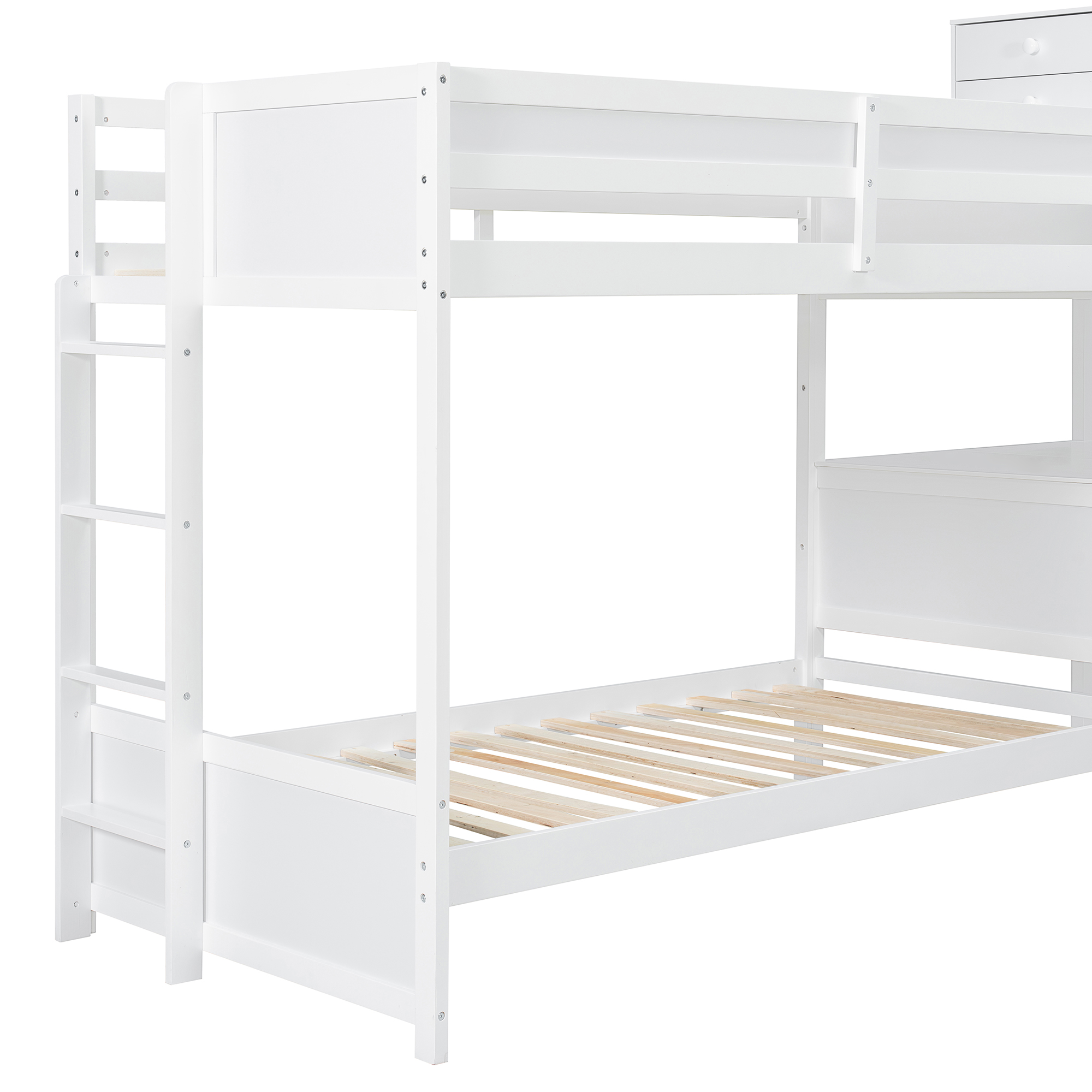 Twin Size L-shaped Bunk Bed With Built-in Desk, 4 Drawers And USB Ports & Power Outlet 14 Twin Size L-shaped Bunk Bed With Built-in Desk, 4 Drawers And USB Ports & Power Outlet