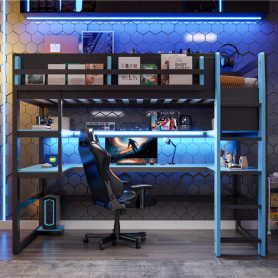 Twin Size Wood Loft Bed With Desk, Side Storage Rack, Multi-storage Shelves And RGB Light