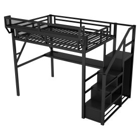 Metal Full Size Loft Bed With Desk, Charging Station, Stairs And Light