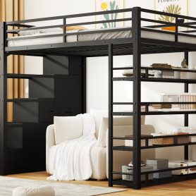 Queen Size Metal Loft Bed with Storage Shelves, Cabinets and Wardrobe 21 Queen Size Metal Loft Bed with Storage Shelves, Cabinets and Wardrobe