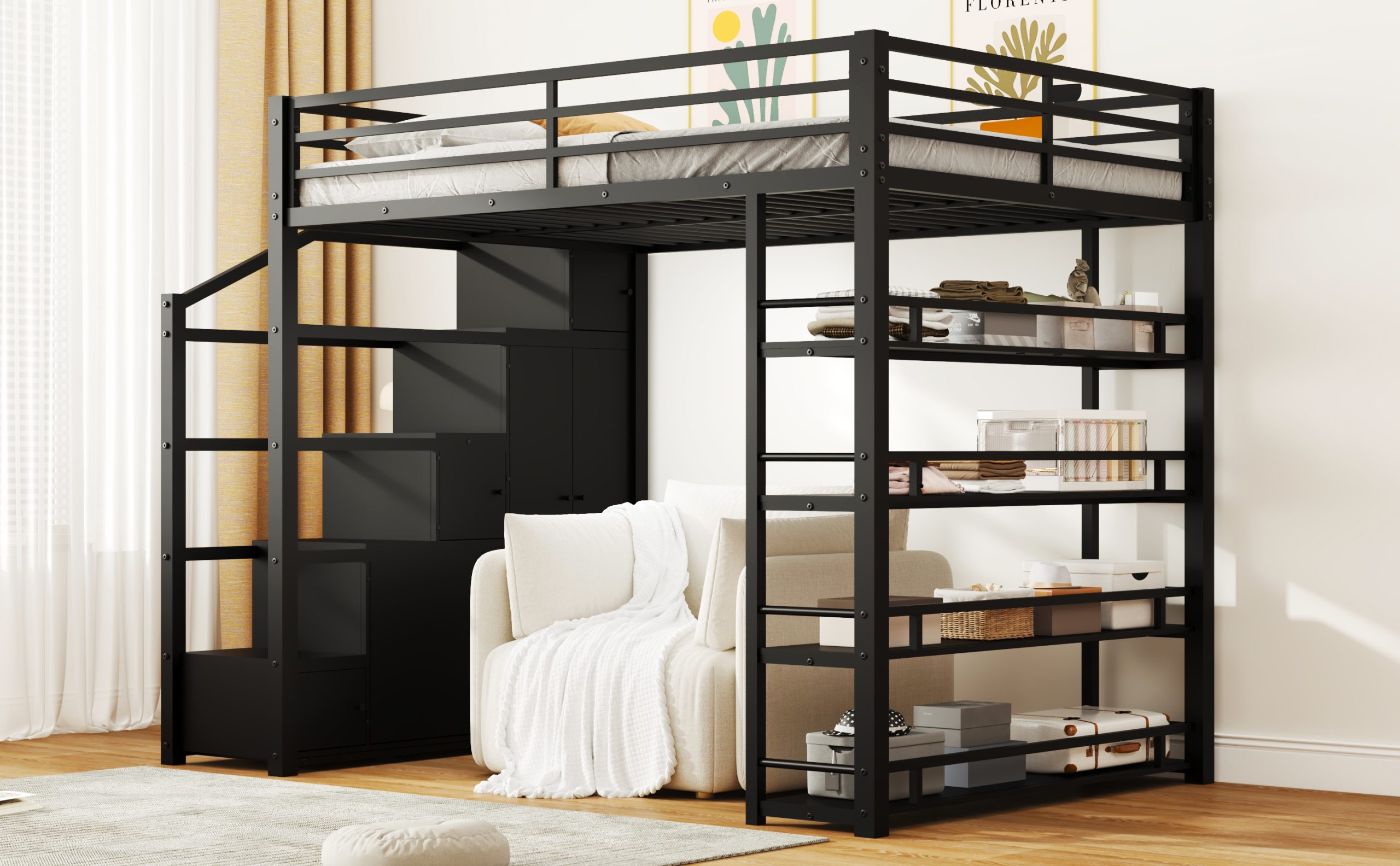 Queen Size Metal Loft Bed with Storage Shelves, Cabinets and Wardrobe 8 Queen Size Metal Loft Bed with Storage Shelves, Cabinets and Wardrobe