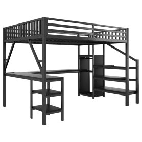 Metal Queen Size Loft Bed with L Shaped Desk and USB for Kids Teens Adults