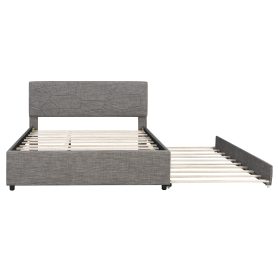 Queen Size Upholstered Platform Bed with Brick Pattern Headboard and Twin XL Size Trundle 41 Queen Size Upholstered Platform Bed with Brick Pattern Headboard and Twin XL Size Trundle