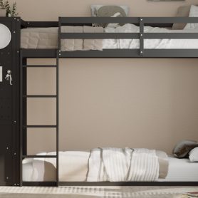 Twin Size Bunk Bed with 4 Storage Drawers, Hanging Rail, Light Strip and Built-in Shelves & Dual Pegboards