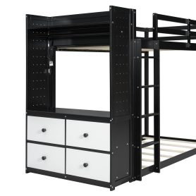 Twin Size Bunk Bed with 4 Storage Drawers, Hanging Rail, Light Strip and Built-in Shelves & Dual Pegboards