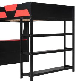 Full Size Gaming Loft Bed with Desk, Shelves & LED Lights