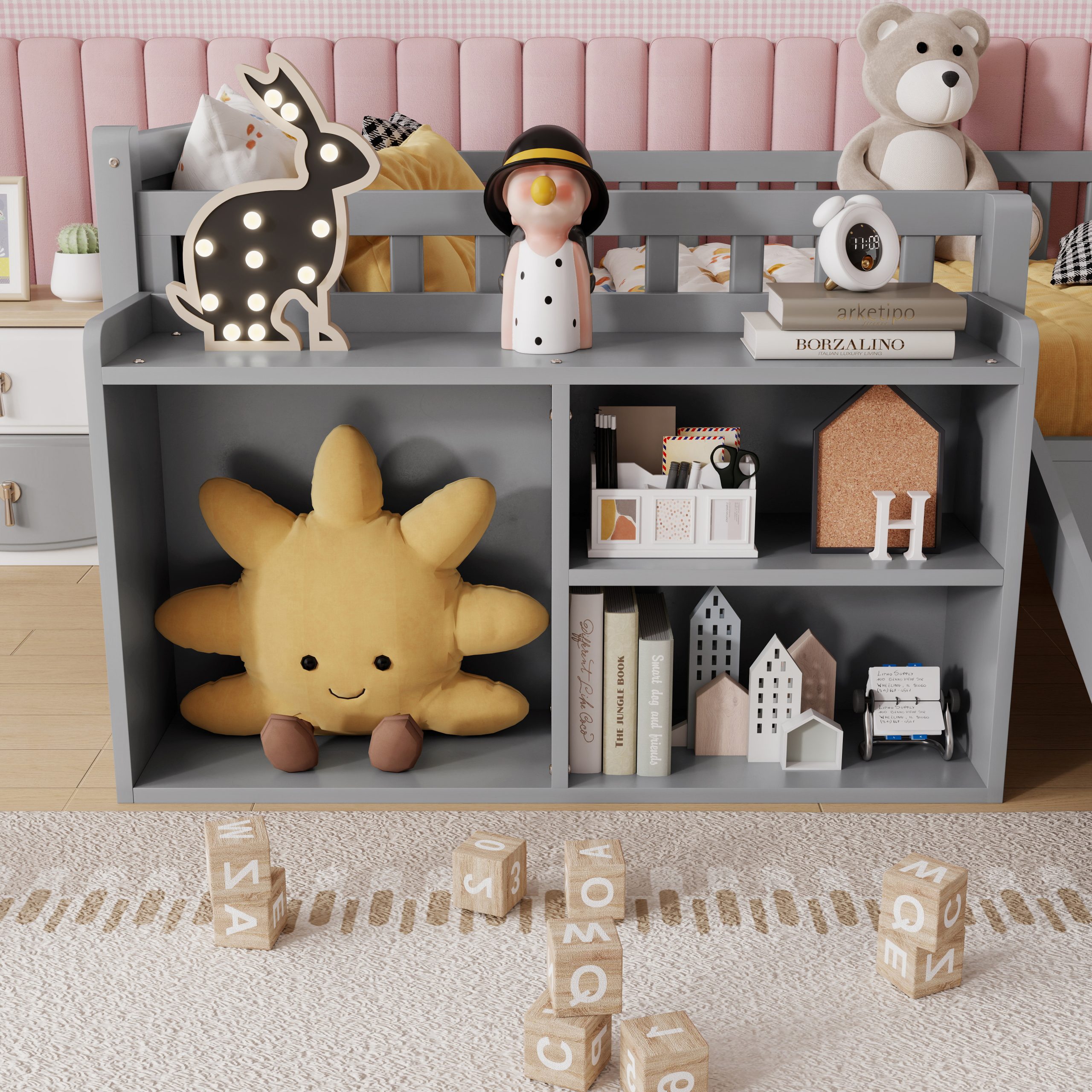 Twin Size Low Loft Bed with Slide, Movable Bookshelf Storage, Guardrails 6 Twin Size Low Loft Bed with Slide, Movable Bookshelf Storage, Guardrails