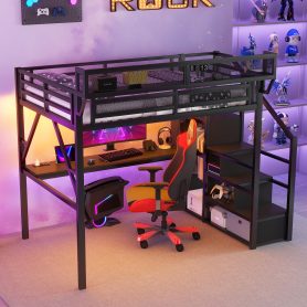 Metal Queen Size Loft Bed With Desk, Charging Station, Stairs And Light 27 Metal Queen Size Loft Bed With Desk, Charging Station, Stairs And Light