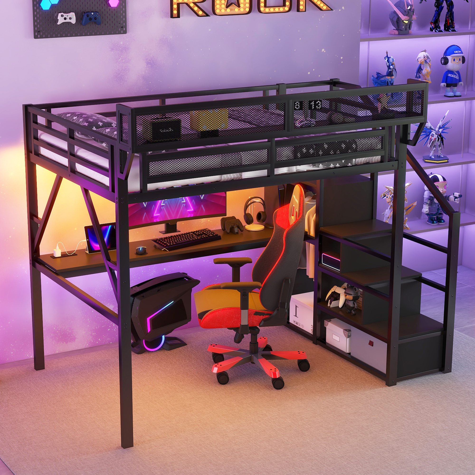Metal Queen Size Loft Bed With Desk, Charging Station, Stairs And Light 5 Metal Queen Size Loft Bed With Desk, Charging Station, Stairs And Light