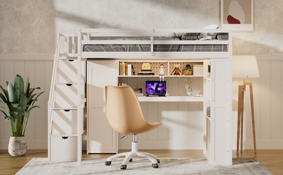 Full Loft Bed Frame with Built-In Wardrobe, Study Desk, Storage Shelves & Lights 24 Full Loft Bed Frame with Built-In Wardrobe, Study Desk, Storage Shelves & Lights
