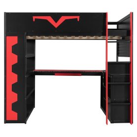 Full Size Gaming Loft Bed with Integrated Desk & RGB LED Lights, Pro-Gamer Bed with Power Outlet, Large Bookshelf, Pegboard, Keyboard Tray & Storage Drawer