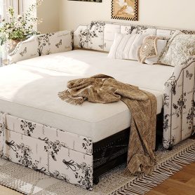 Twin Size Upholstered Daybed with Pop-Up Trundle & USB Charging Ports 55 Twin Size Upholstered Daybed with Pop-Up Trundle & USB Charging Ports