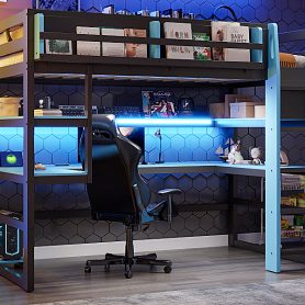 Twin Size Wood Loft Bed With Desk, Side Storage Rack, Multi-storage Shelves And RGB Light
