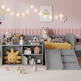 Twin Size Low Loft Bed with Slide, Movable Bookshelf Storage, Guardrails 21 Twin Size Low Loft Bed with Slide, Movable Bookshelf Storage, Guardrails