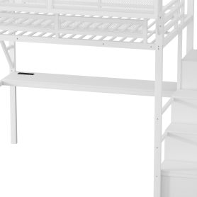 Full Size Metal Loft Bed With Desk, Charging Station, Stairs And Light