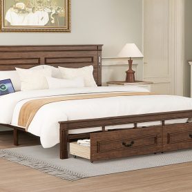 King Size Bed with Tall-Panel Headboard & Footboard, 2 Storage Drawers, Built-in LED Lights, USB Charging Station