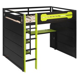 Full Size Wooden Gaming Loft Bed with Storage Shelves, Desk, USB & Power Outlet, and LED Light