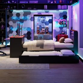 Twin Size Wood Daybed with Twin Size Trundle, Desk, LED light and USB