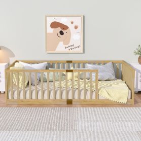 Twin Size Floor Bed with High Fence Railings, without Door