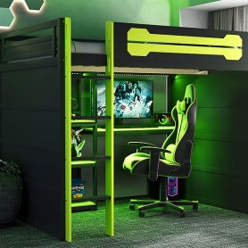 Full Size Wooden Gaming Loft Bed with Storage Shelves, Desk, USB & Power Outlet, and LED Light