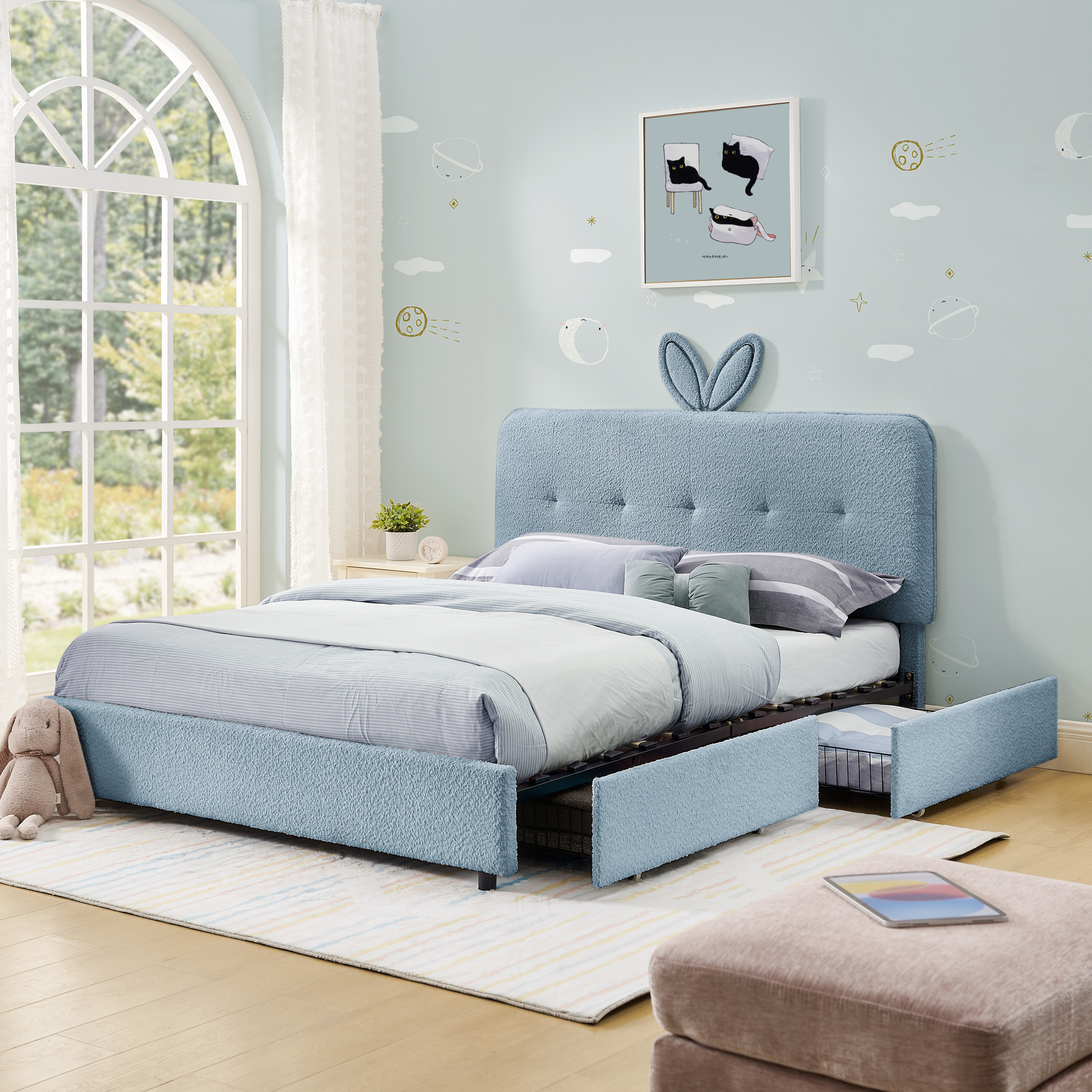 Full Size Kids Upholstered Bed With Oversized Rabbit Ear Headboard, Music Sync, LED Light & 4 Storage Drawers 11 Full Size Kids Upholstered Bed With Oversized Rabbit Ear Headboard, Music Sync, LED Light & 4 Storage Drawers