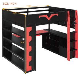 Full Size Gaming Loft Bed with Integrated Desk & RGB LED Lights, Pro-Gamer Bed with Power Outlet, Large Bookshelf, Pegboard, Keyboard Tray & Storage Drawer