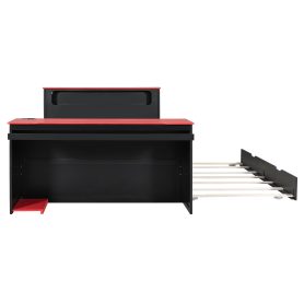 Full Size Wood Daybed with Twin Size Trundle, Desk, LED light and USB