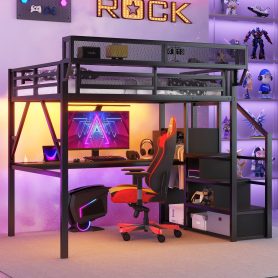 Metal Full Size Loft Bed With Desk, Charging Station, Stairs And Light