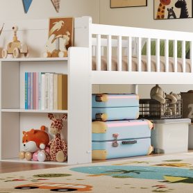 Wooden Twin Bed Frame With Storage Shelf, Guardrail, Slide And Ladder