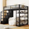 Queen Size Metal Loft Bed with Storage Shelves, Cabinets and Wardrobe