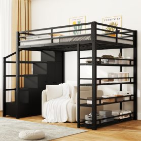 Home 39 Queen Size Metal Loft Bed with Storage Shelves, Cabinets and Wardrobe