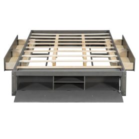 Queen Size Platform Bed Frame with 4 Storage Drawers and Hydraulic Lift Footboard Storage